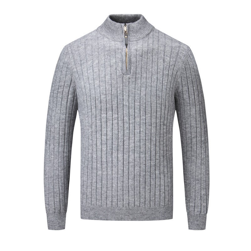 Men's Jacquard Striped Knitted Sweater With Stand-up Collar Zip_voghion.com