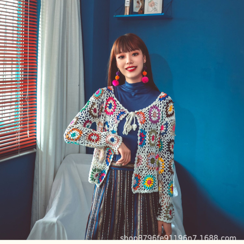 Handmade Crocheted Knitted Cardigan Women's Spring and Autumn New Ethnic Style Vintage Hollow Bohemian Coat Long-sleeved Top