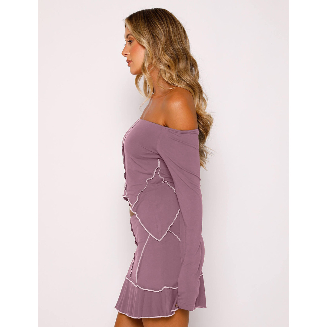 Women Clothing Sexy Solid Color Reverse Design Off Neck Skirt Set