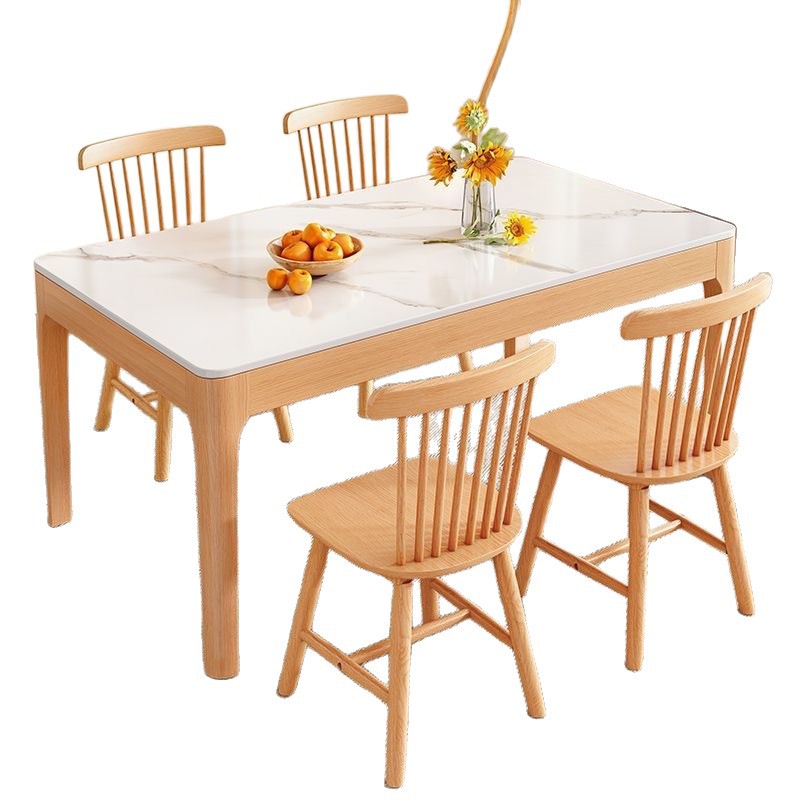 Mesa de comedor de madera sólida de roca nórdica, mesa de comedor rectangular doméstica pequeña, combinación de mesa de comedor simple y silla moderna.