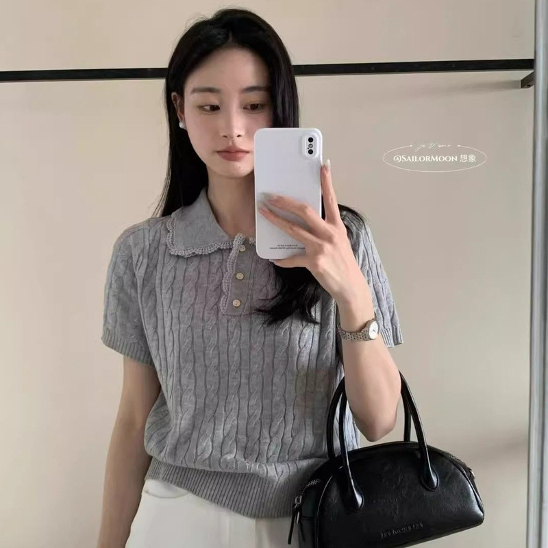 韓国系polo襟デザイン感レースの縁に麻花半袖ニットの古いお金の風が減っています。|undefined