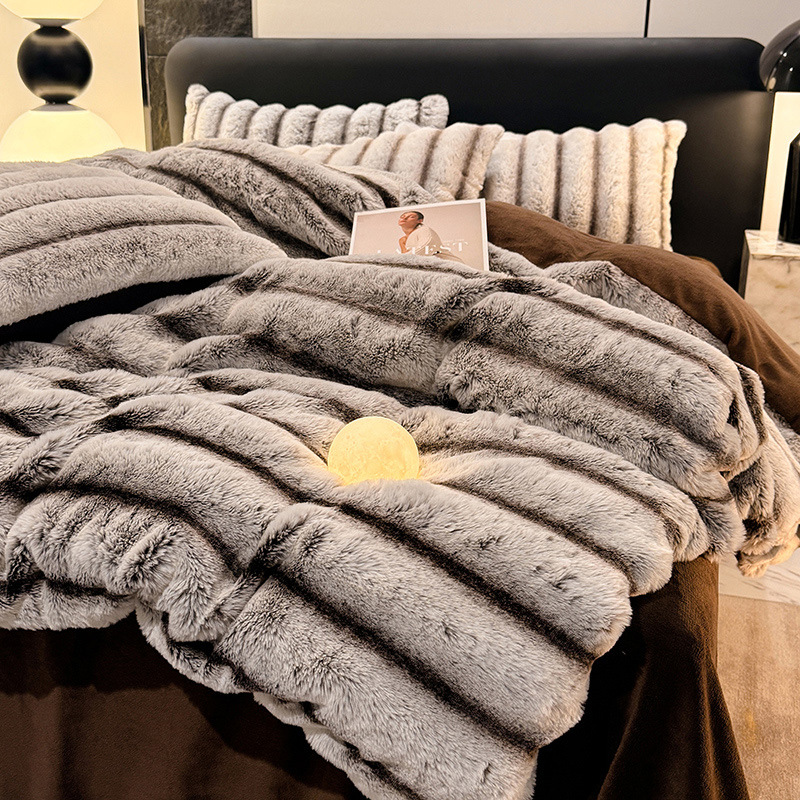Juego de cuatro piezas de felpa de conejo de terciopelo de leche, terciopelo de coral de invierno, sábana gruesa y cálida, funda de edredón, franela, felpa de doble cara