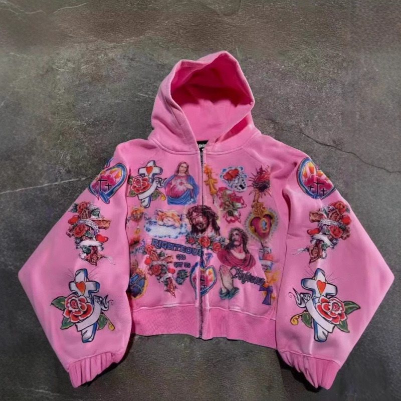 Felpa con cappuccio e cerniera, casual, ampia e comoda, con stampa di cartoni animati, da uomo, per donne e adolescenti._voghion.com