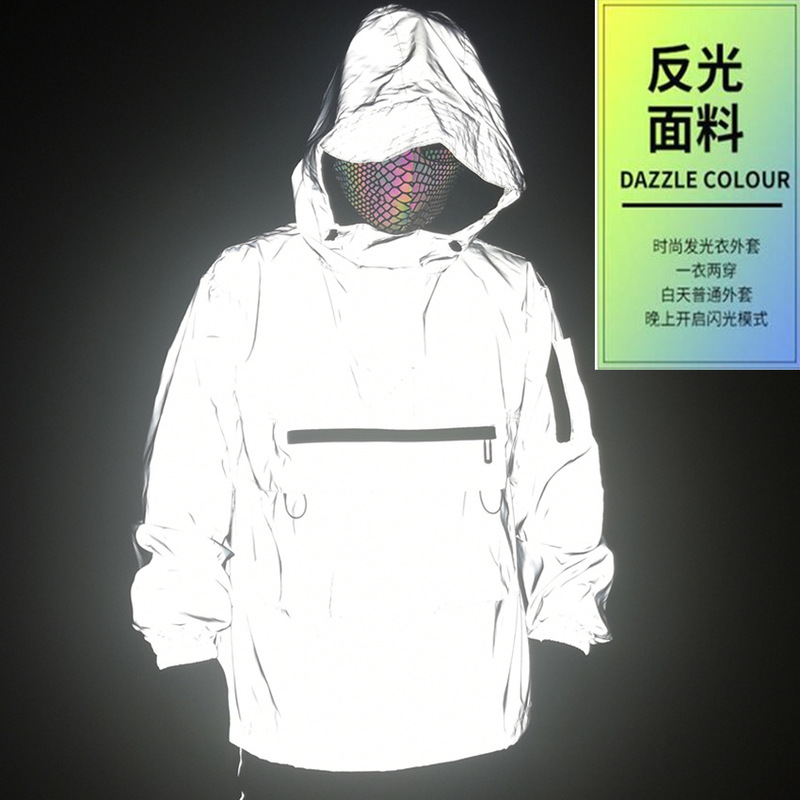 Spring and Autumn Loose Hooded Jacket Reflective Tooling Half-Zipper Pullover Thin Jacket Men's Casual Sports Jacket