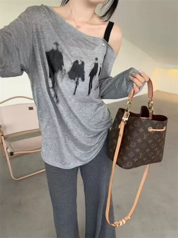 韩版宽松露肩人物印花长袖T恤女2025夏季新款慵懒风减龄百搭上衣|undefined