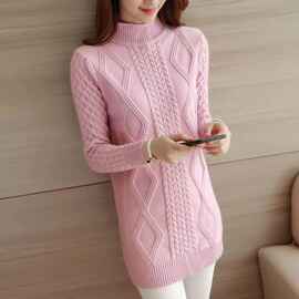 毛衣半高领中长款2024秋冬新款宽松慵懒爆款加厚纯色粉色打底衫女