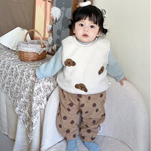 韩版冬装婴儿可爱加绒马甲毛绒背心加厚保暖上衣女宝宝洋气三件套