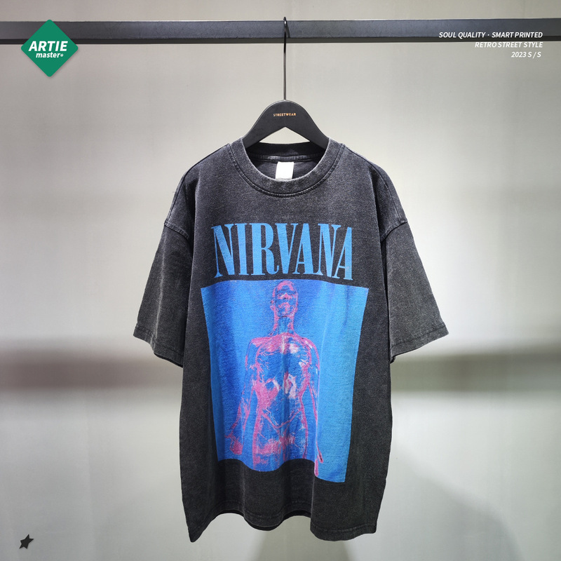 ARTIE Men's Wash Retro Old Rock NIRVANA Digital Printing Loose Fashion Brand Short-sleeved T-shirt for Men