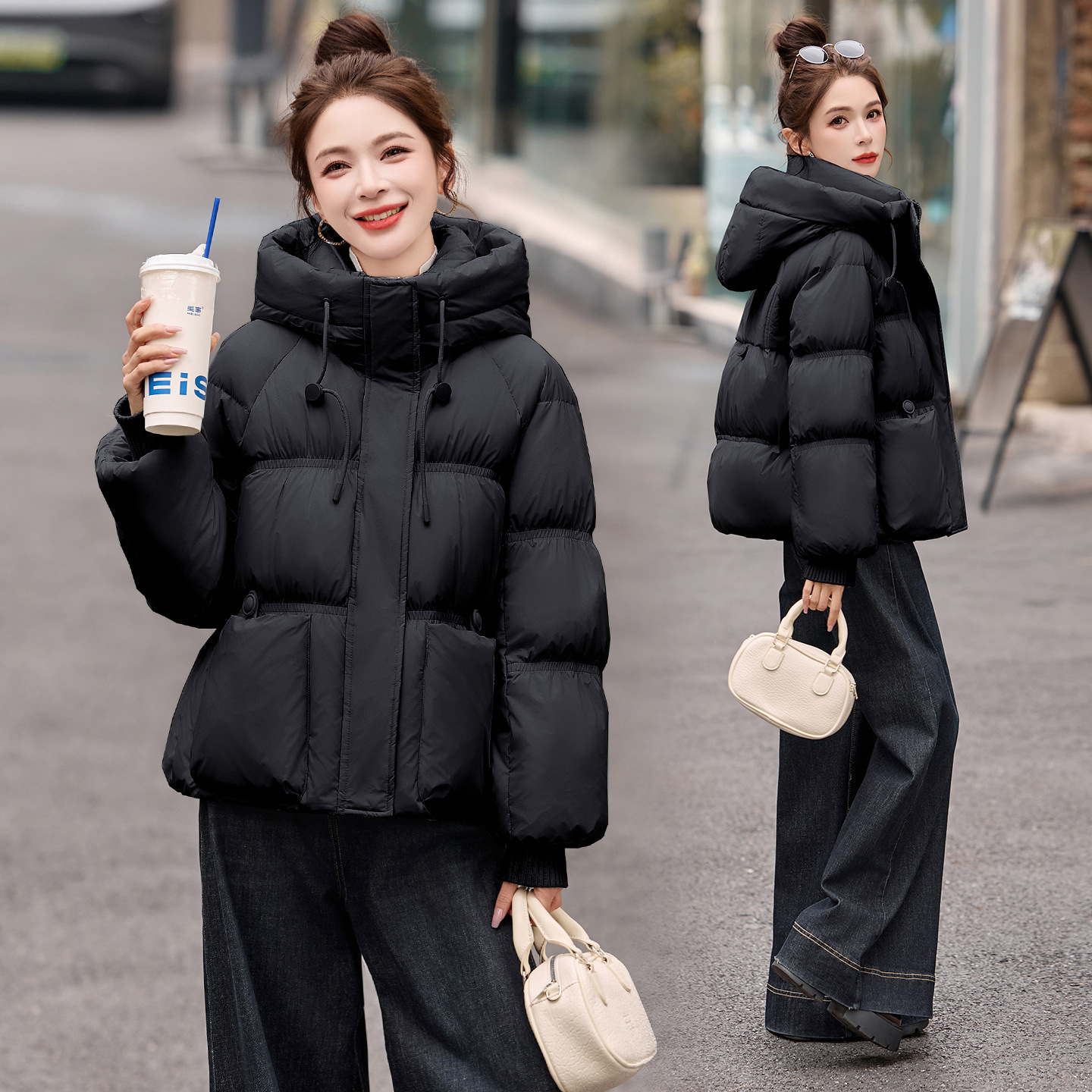 Winter Thickened Warm Hooded down Jacket for Women, Solid Color, Loose and Stylish, Slimming Black and White Duck down Coat
