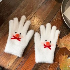 【白色雪人】蝴蝶结毛绒针织手套女冬季加绒保暖防寒防风学生骑行
