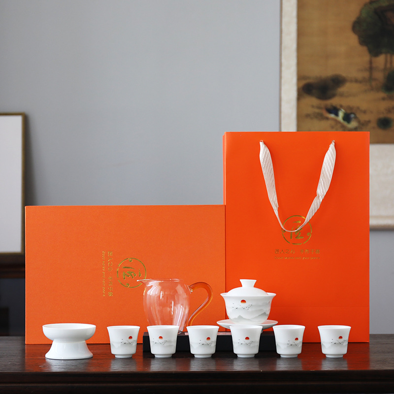 Custom Logo White Porcelain Gao Dan Yangzi Jade Tea Set Gift Box for Business Festivals