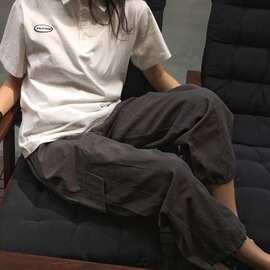 大口袋高腰工装裤女宽松韩版学生束脚运动裤阔腿休闲九分长裤子潮