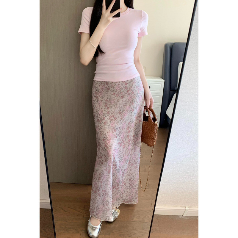 三标齐全 天猫品质 五线打边 粉色碎花半身裙女高腰中长款鱼尾裙|undefined