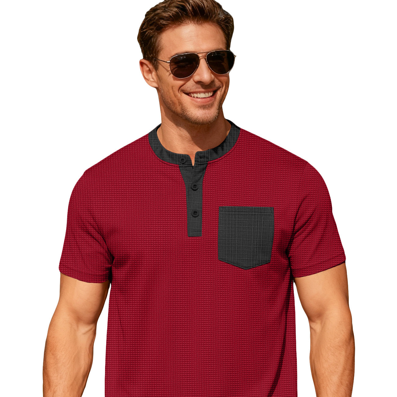 Europa y América hombres cuello redondo manga larga bolsillo de color contrastante camiseta de Henry comercio exterior transfronterizo camiseta casual americana top hombre