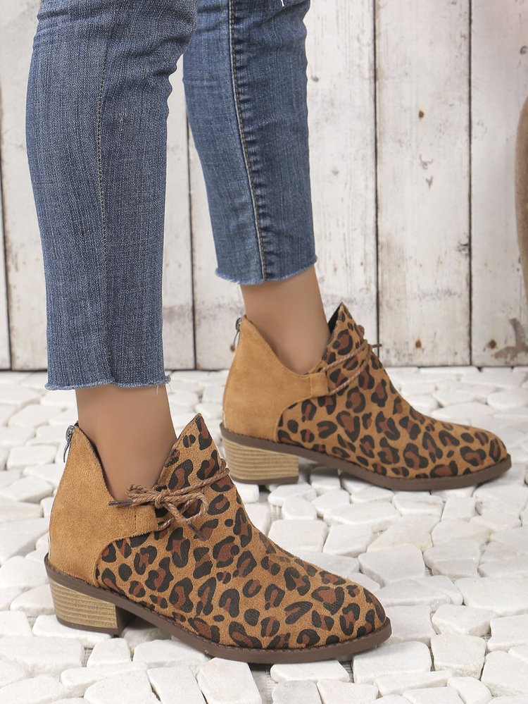 Große größe leopard print niedrigen ferse spitze kurze stiefel weibliche herbst und winter neue ein fuß steigbügel_voghion.com