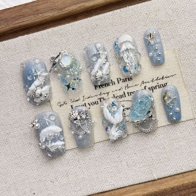 Blue Ocean Mermaid Tail Fake Nails Short Shaved Medium Almond Boutique High Quality Wholesale Purely Handmade Wearable Manicure