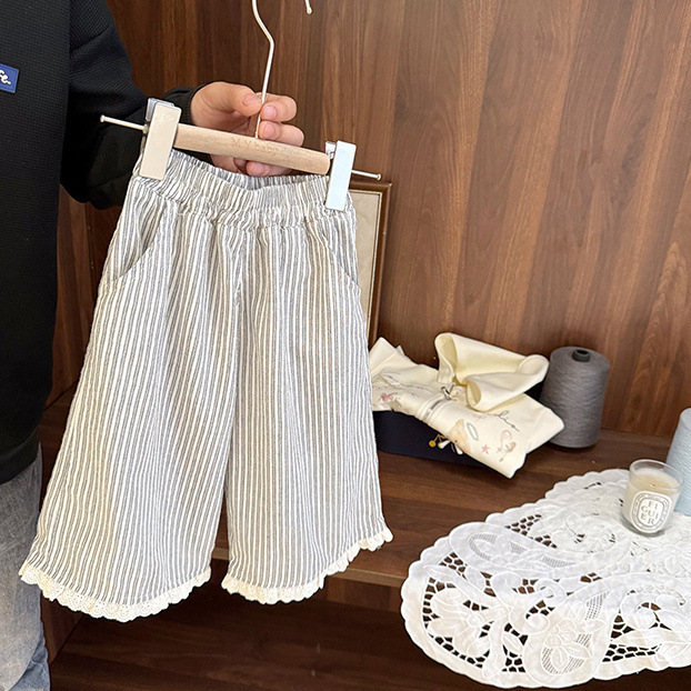 女の赤ちゃんの夏の防蚊パンツ女の子の縦縞クールワイドレッグパンツ女の赤ちゃんの軽量コットンとリネンのカジュアルパンツ|undefined