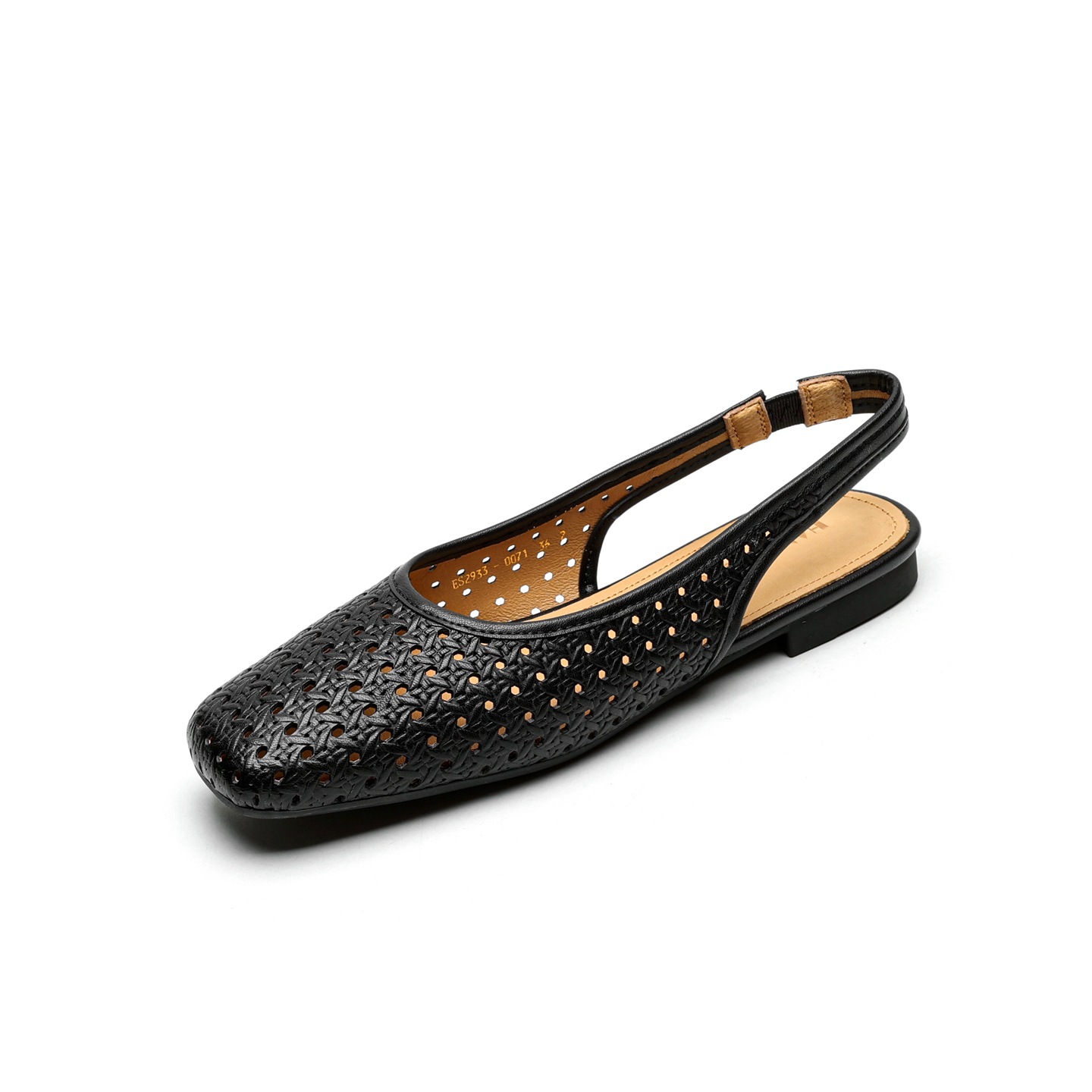Sandal nữ đế bệt mũi bọc da bò, quai sau hở, phong cách vintage đan lỗ — đen chi tiết 28
