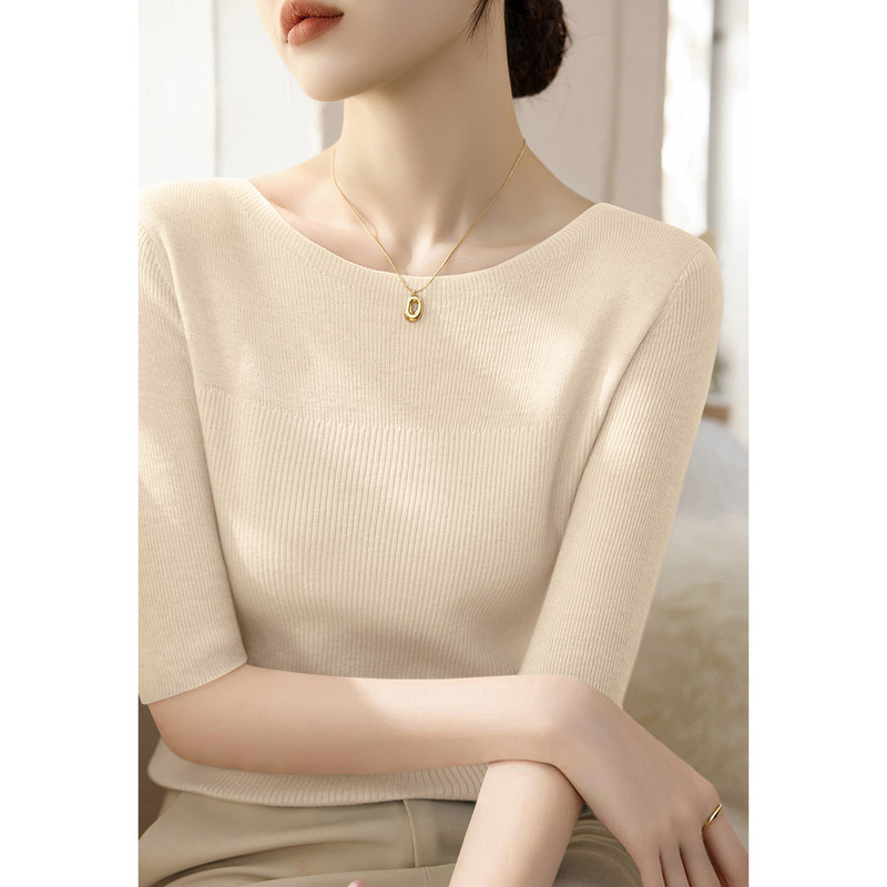 Light Color Style One-word Collar Design Slim-fit Slim-fit Women's 2025 Spring New Long-sleeved Sweater Base Top Light Color Style One-word Collar Design Slim-fit Slim-fit Women's 2025 Spring New Long-sleeved Sweater Base Top
