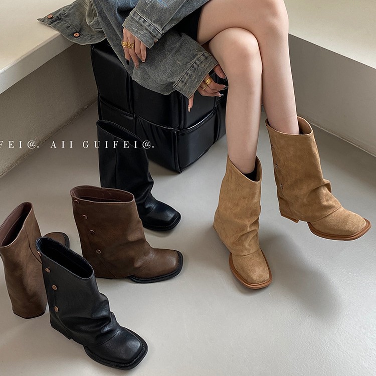 Square-Toe Chunky Heel Short Boots for Women, Autumn and Winter Boots 2026, French Retro Short Boots, Western Suede Martin Boots