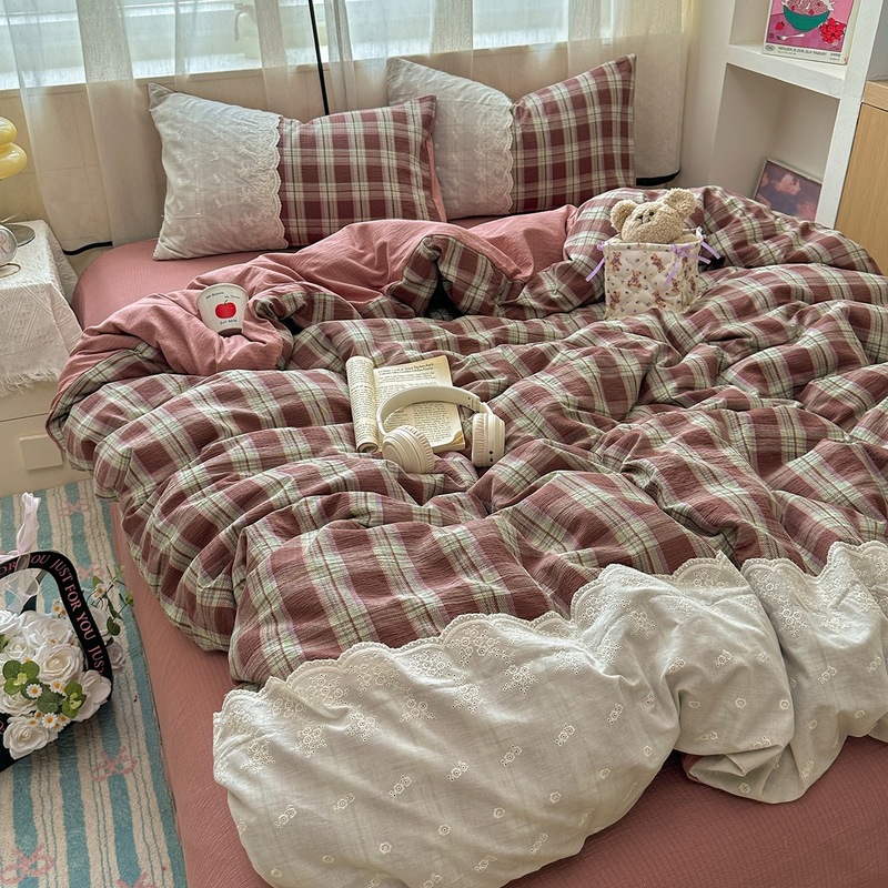 新款A类母婴亲肤少女风花边四件套皱皱纱床单被套宿舍三件套床品4|undefined