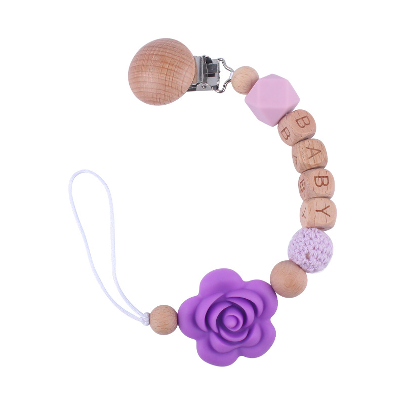 Nuevos suministros para bebés Beech chupete clip calmante bebé DIY Nombre de dibujos animados Rosa chupete cadena anti-gota cadena