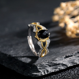 S925 Sterling Silver Natural Black Spinel Ring with Color-Separated Gold Plating, Faceted, Cross-Border Etsy Ring with Gemstone Crown Design