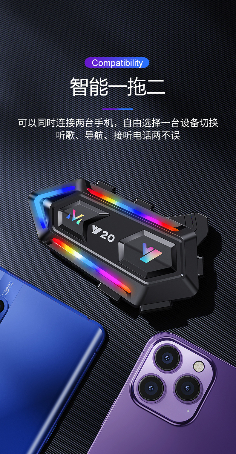 New Y20Y20Max Motorcycle Helmet Bluetooth Headset Rgb Colorful Lights Waterproof Mixing Sound Noise Reduction in Stock