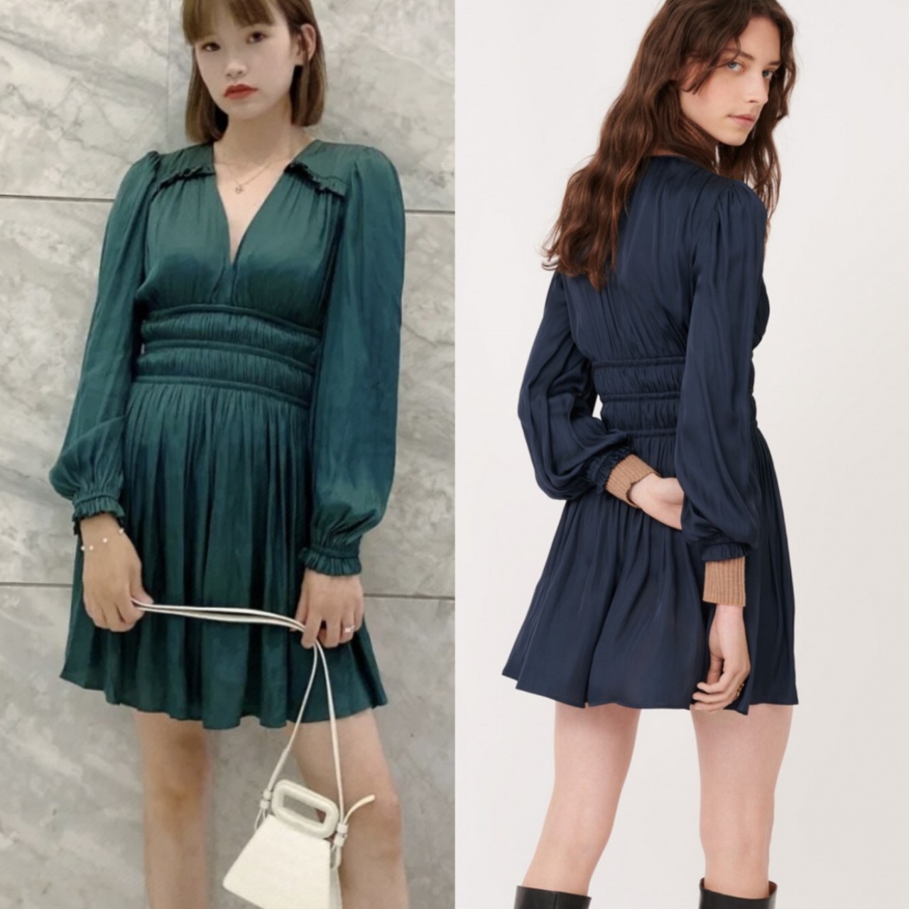 BBR缎面真丝泡泡袖连衣裙 BUR法式优雅春秋V领松紧收腰 B家连衣裙