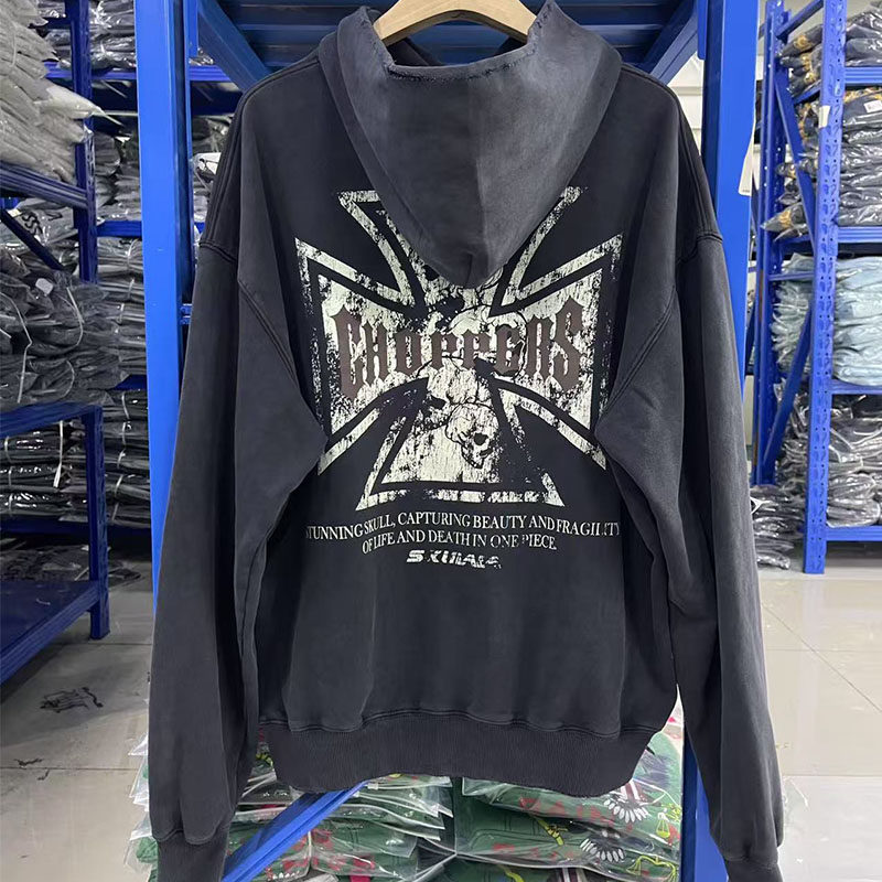 West Coast Choppers American Street Style Skull Cross West Coast Vintage Hoodie with Hood for Sports