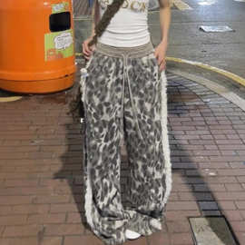 美式复古毛绒装饰边豹纹休闲裤女辣妹直筒宽松显瘦阔腿坠感长裤