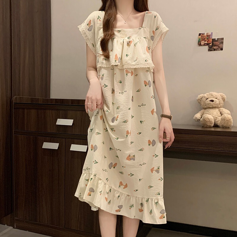 女性のためのナイトガウン夏半袖クラウドコットンラブスウィートガール 2025 新しい夏薄い女性のパジャマドレス|undefined