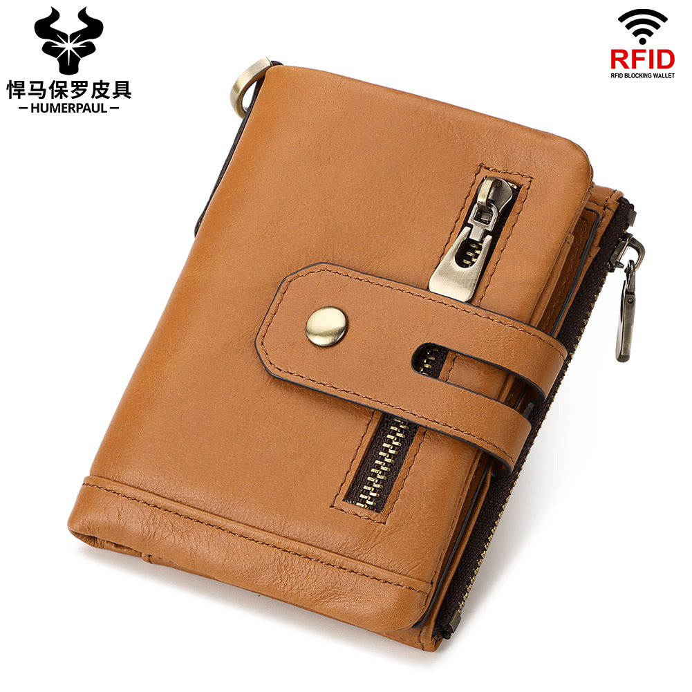 跨境熱賣簡化改款RFID頭層牛皮卡包男拉鏈搭扣多卡位真皮男士錢包