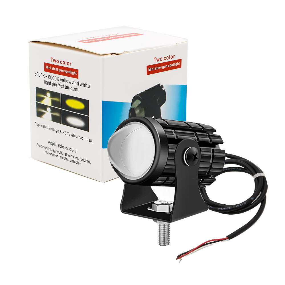 Coche de la motocicleta del proyector del faro LED de dos colores pequeña pistola de acero lejos y cerca integrado impermeable Super brillante 12-80V