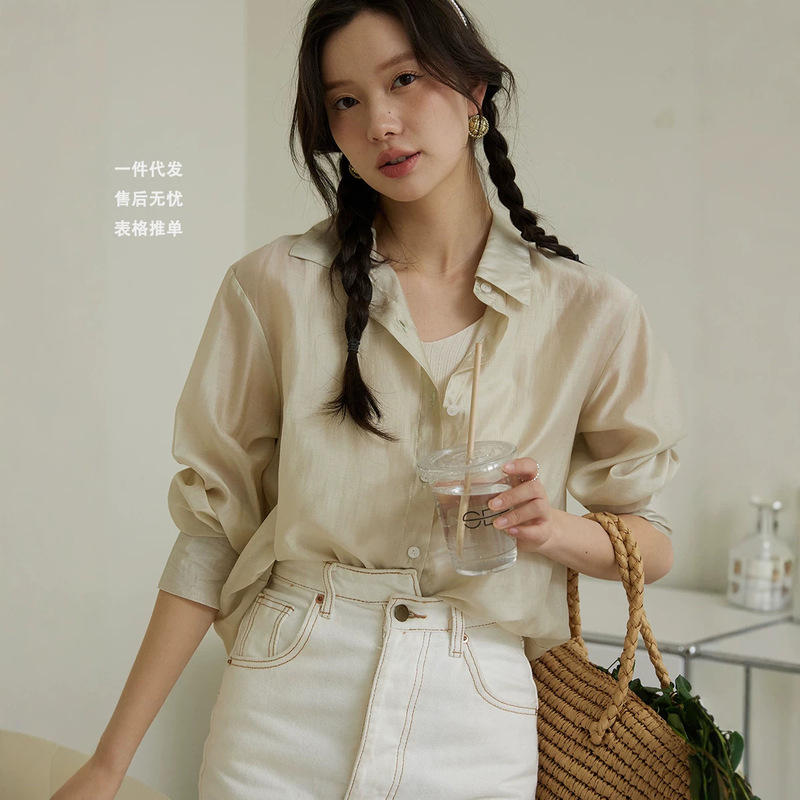 26 Spring/Summer Lyocell Tencel Shirt Women's Long Sleeve Loose Sun Protection Top French Retro Lightweight Casual Shirt 26 Spring/Summer Lyocell Tencel Shirt Women's Long Sleeve Loose Sun Protection Top French Retro Lightweight Casual Shirt
