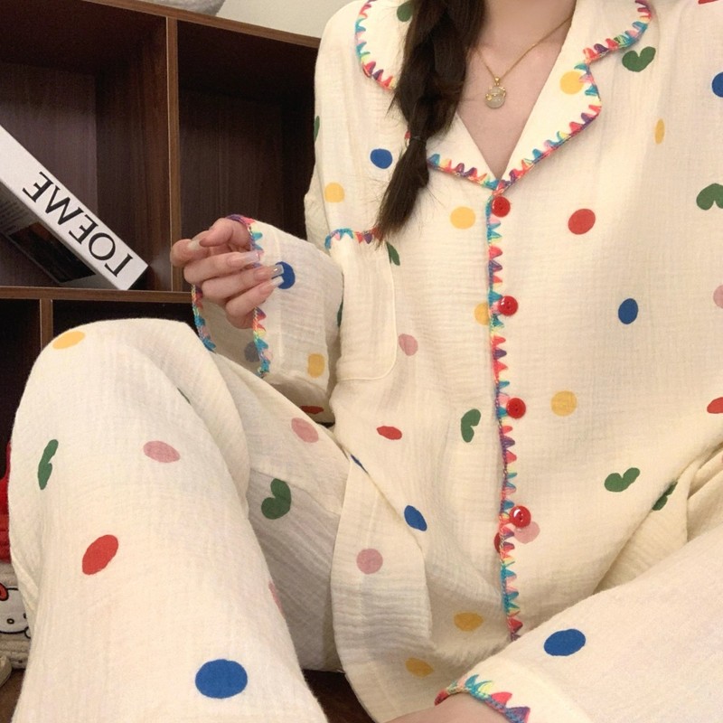 波点睡衣女春秋款长袖套装高级感韩版开衫家居服秋季可爱跨境批发|undefined