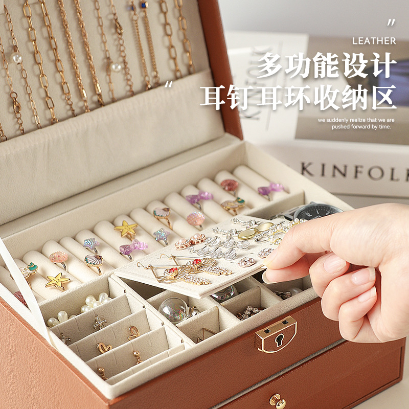 Caja de joyería de lujo ligera de té, pernos multicapa de gran capacidad con cerradura, caja de joyería, joyería de auriculares, almacenamiento de joyería tipo cajón image 4