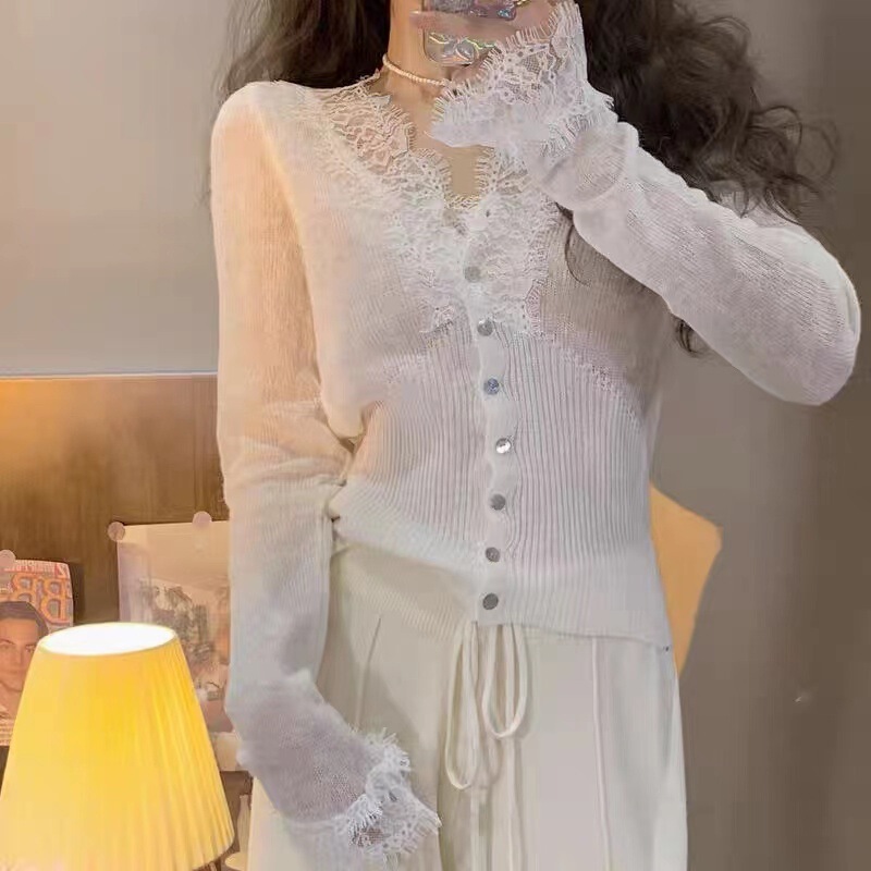 Spring Slightly See-Through Mohair V Neck Lace Knitwear for Women, Korean Style Lazy Style Inner Design Niche Knitwear Spring Slightly See-Through Mohair V Neck Lace Knitwear for Women, Korean Style Lazy Style Inner Design Niche Knitwear