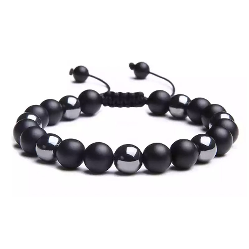 2 Stück mattes Achat- und Hämatit-Perlenarmband, handgefertigtes, gewebtes, verstellbares Armband-Accessoire für Herren_voghion.com