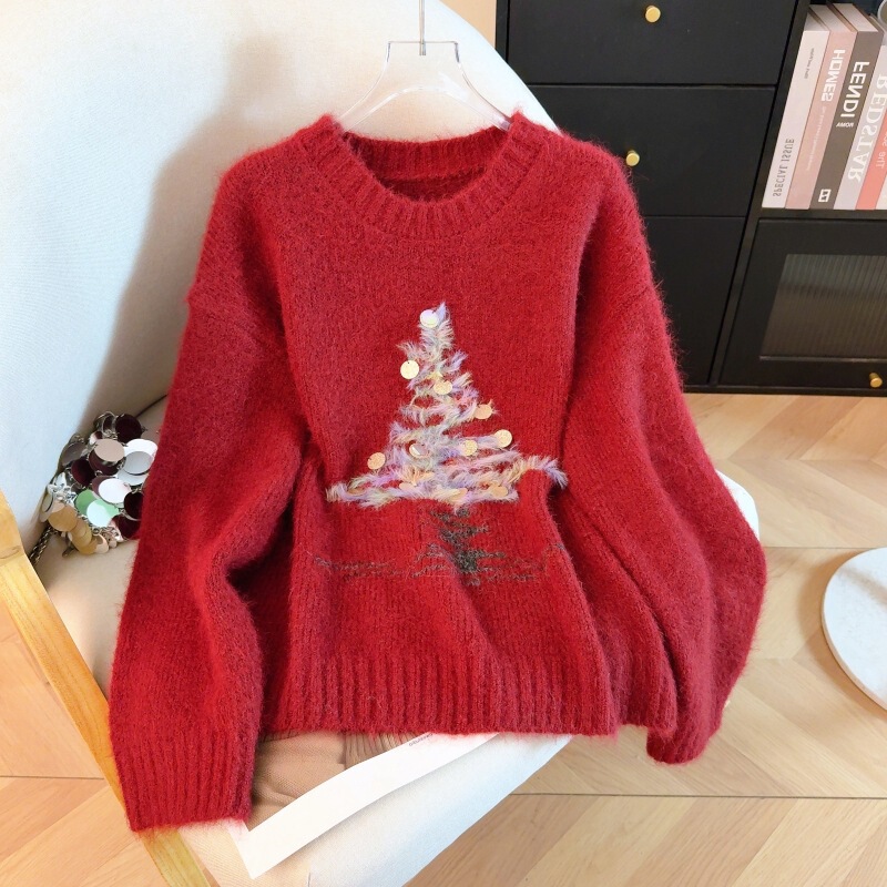 New Christmas Tree Embroidered Sequin Fashion Elegant Loose Round Neck Long-Sleeved Warm Sweater for Autumn and Winter 2025