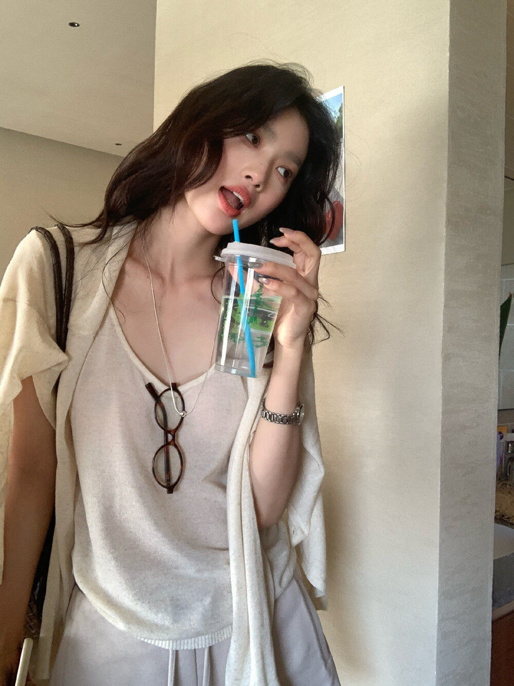 Bộ cardigan len phối áo hai dây nữ phong cách lười biếng mùa hè — yến mạch chi tiết 29