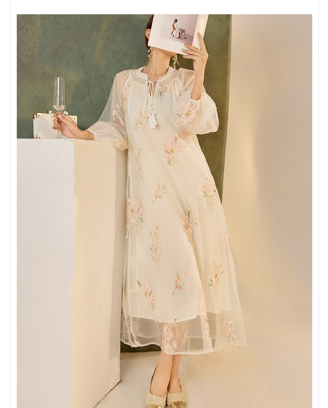 Đầm dài tay in họa tiết vạt rộng phong cách dân tộc — Màu mơ chi tiết 10