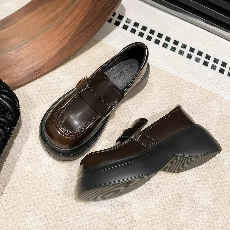 牛皮版~厚底乐福鞋女2024年新款春季真皮英伦风小皮鞋魔术贴单鞋