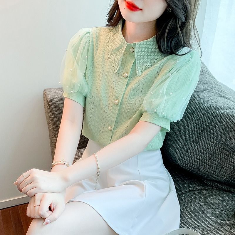 Camicetta da donna in pizzo con maniche a palloncino in rete con perline, cardigan estivo a maniche corte, top trasparente casual, abbigliamento da strada alla moda_voghion.com