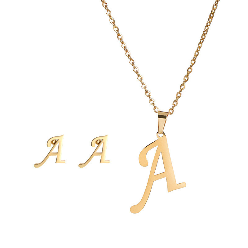 New stainless steel 26 letter female necklace earring set, fashionable and atmospheric, summer non fading accessories_voghion.com