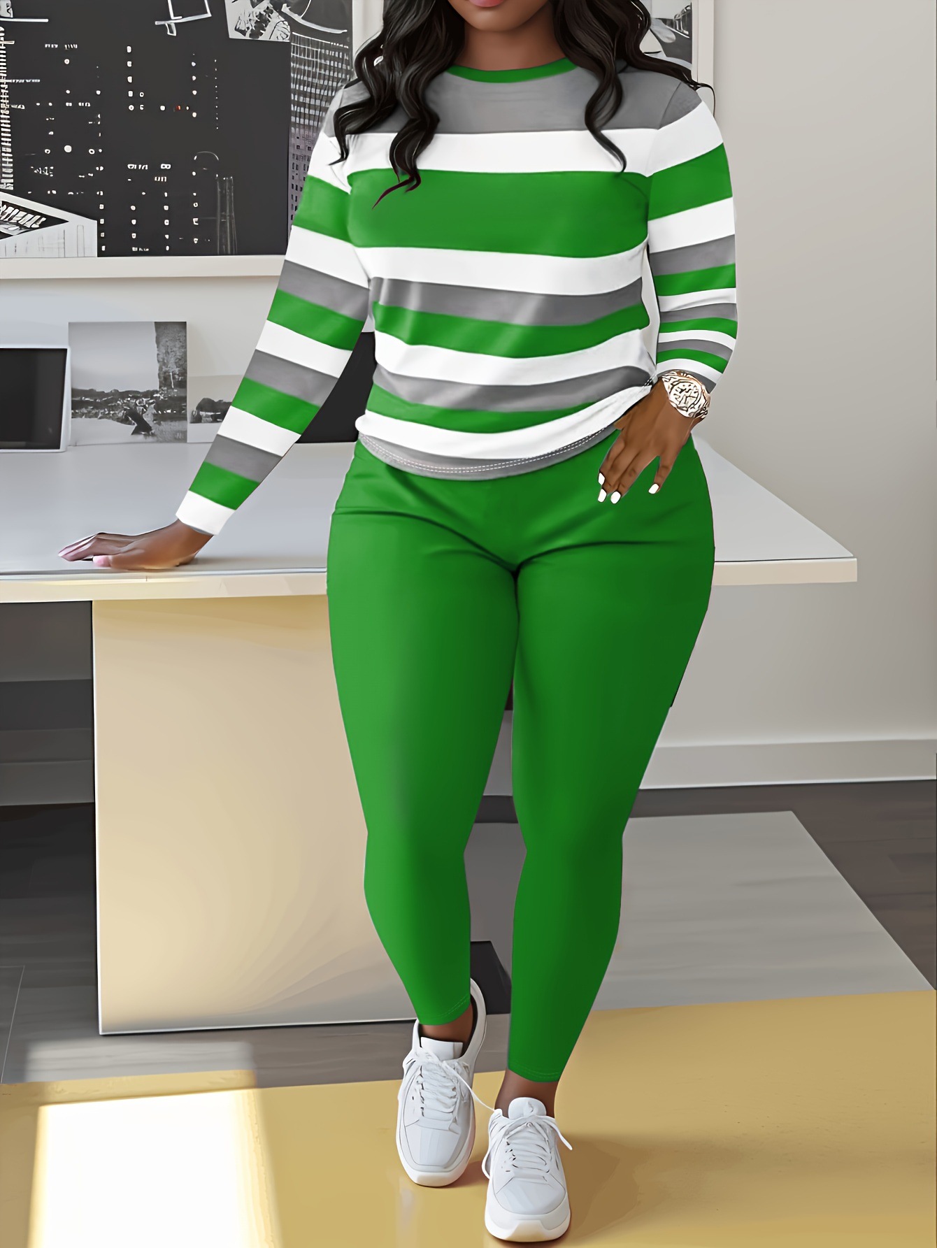 Women's Two-piece Pant Set Long Sleeve Striped Colour Block Outfit_voghion.com