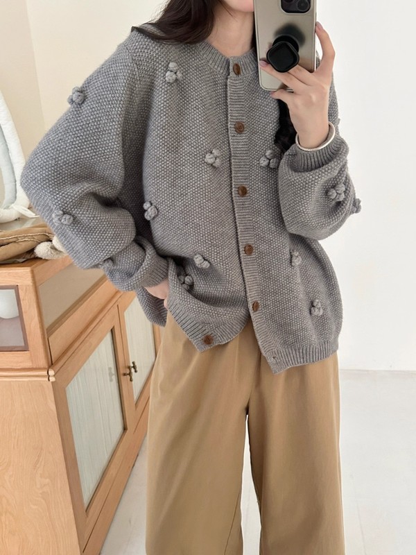 设计感立体球球圆领纯色毛衣外套女秋冬新款宽松百搭针织开衫上衣|undefined