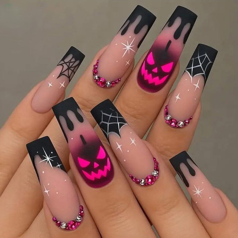 Halloween detachable fake nails with long tube design, rose red gradient, pumpkin and spider web with rhinestone embellishments Halloween detachable fake nails with long tube design, rose red gradient, pumpkin and spider web with rhinestone embellishments