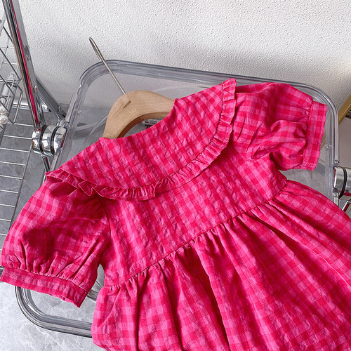 Dress with Peter Pan collar, grid bag button princess dress, 24 summer new model foreign trade children's clothing distribution