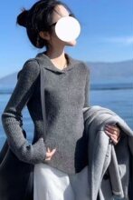 不规则灰色浣熊绒连帽毛衣女春夏新款修身内搭打底长袖针织衫帽衫